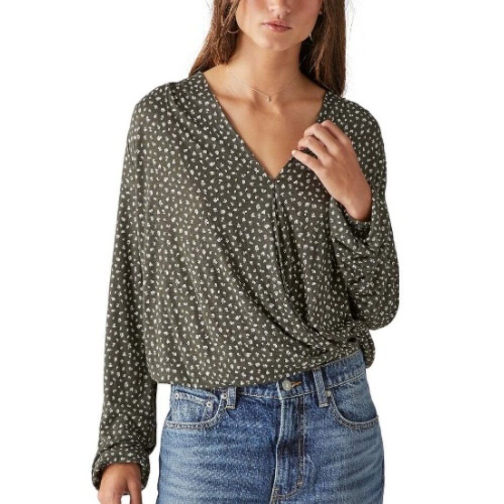 Lucky Brand Women's Floral Print V Neck Long Sleeve Wrap Top Black Size XS NWT
